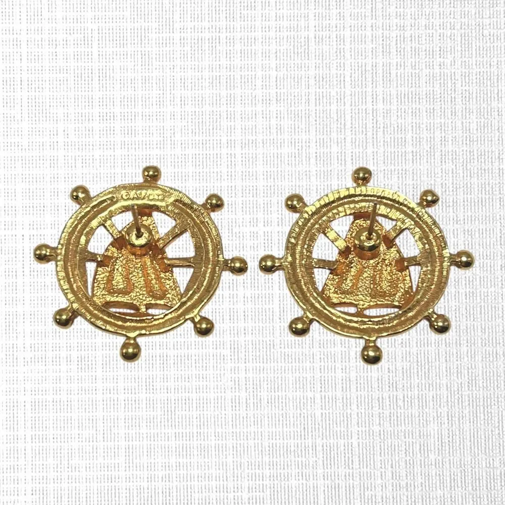 Vintage Avon Ship Ahoy Earrings Gold Tone Sailboat Enamel Nautical Pierced